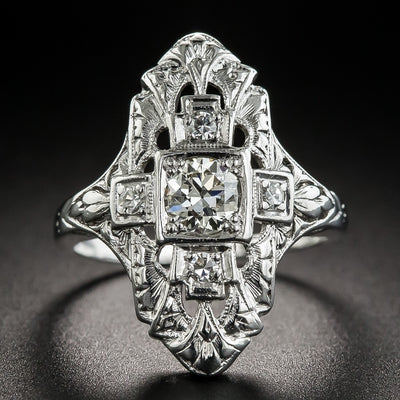 Product view showing elongated silver-tone Art Deco clear-stone ring