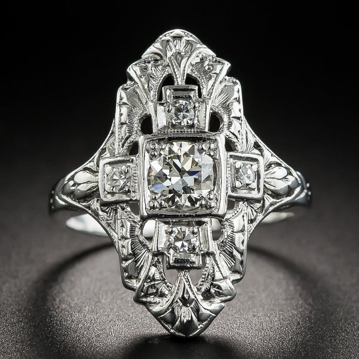 Elongated Art Deco Clear Stone Statement Ring In Silver Tone