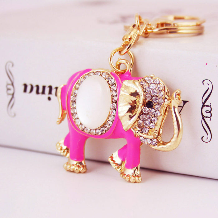 Colorful Elephant Rhinestone Keychain with Cat Eye Stone Car Key Charm