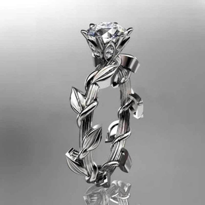 Silver Tone Clear Crystal Laurel Leaf Ring Fashion Jewelry