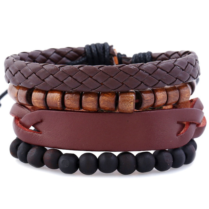 2019 European American Vintage Braided Cowhide Leather Beaded DIY Bracelet Set For Men