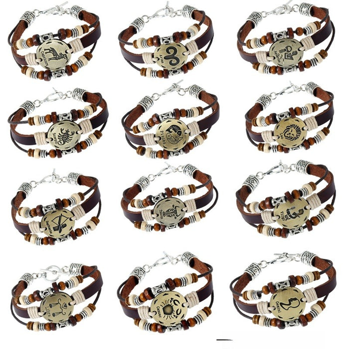 2017 New Beaded Twelve Zodiac Genuine Cowhide Leather Bracelet Birthday Gift For Men Women