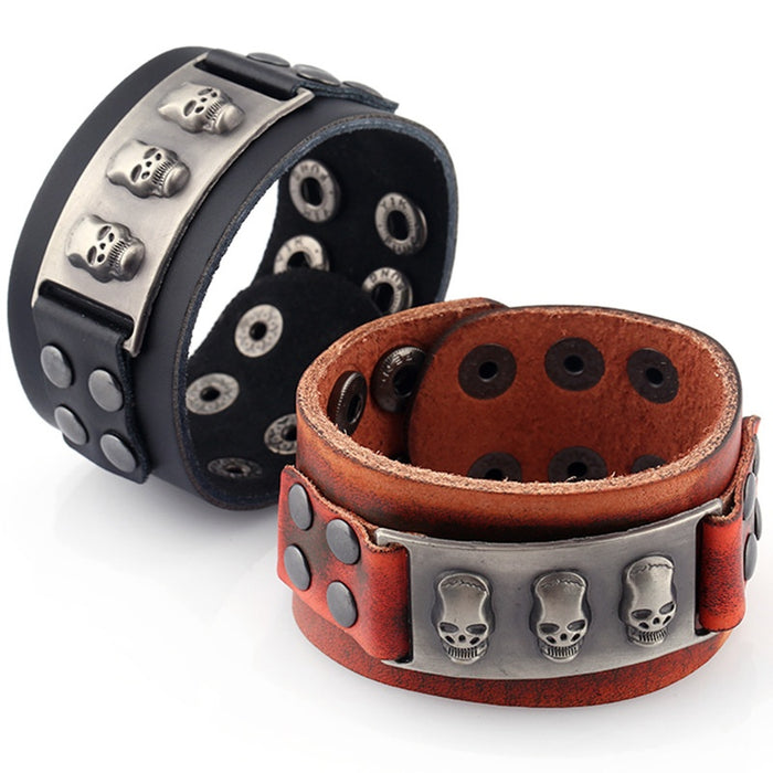 Punk Skull Wide Leather Bracelet For Men European American Street Fashion Wristband