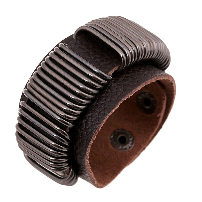 Punk European American Multi Iron Ring Genuine Cowhide Leather Bracelet Fashion Wristband Jewelry