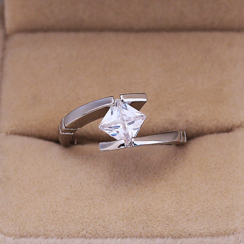 Silver Tone Square Clear Crystal Solitaire Ring styled view