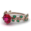 Rose Gold Tone Red Flower and Green Leaf Crystal Ring view 3