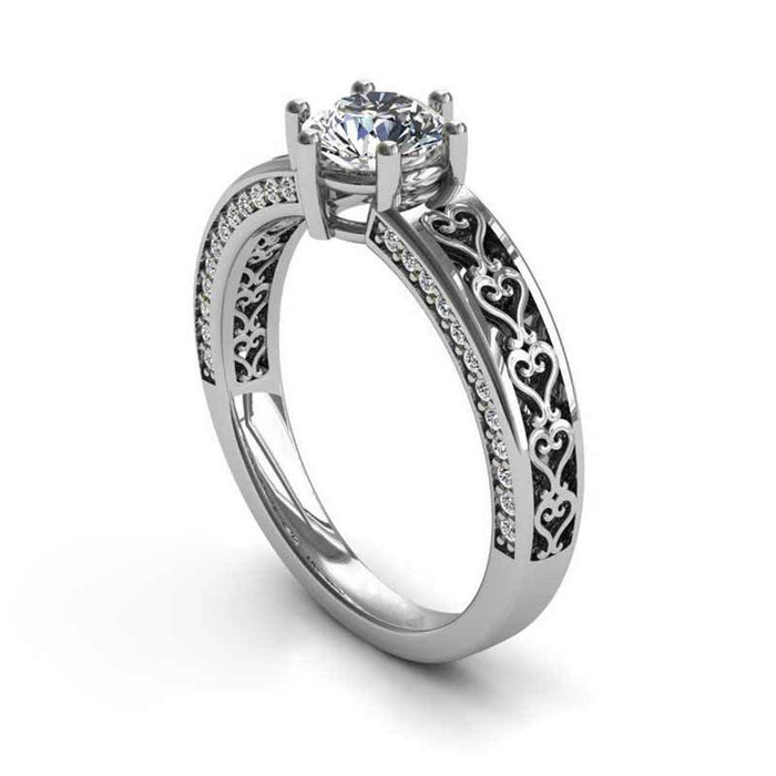 Silver Tone Round Clear Crystal Filigree Ring Fashion Jewelry
