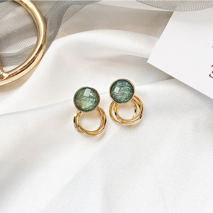Green Round Stud Earrings with Gold Tone Ring Drops