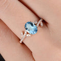 Rose Gold Sea Blue Oval CZ Leaf Floral Band Ring Sizes view 4