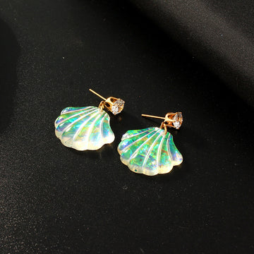 Iridescent Opal Shell Resin Stud Dangle Earrings Gold Post