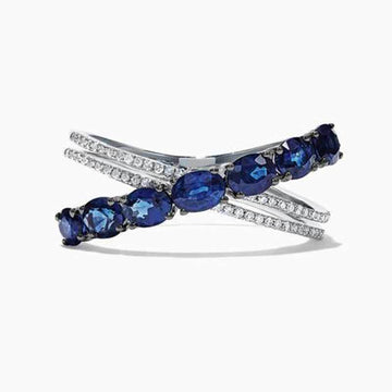 Silver Tone Blue Stone Crossover Band Ring Polished Metal Jewelry