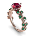 Rose Gold Tone Red Flower and Green Leaf Crystal Ring view 1