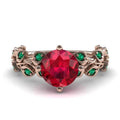 Rose Gold Tone Red Flower and Green Leaf Crystal Ring view 2