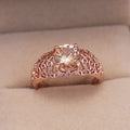 Rose Gold Tone Peach Crystal Filigree Ring Fashion Jewelry view 3