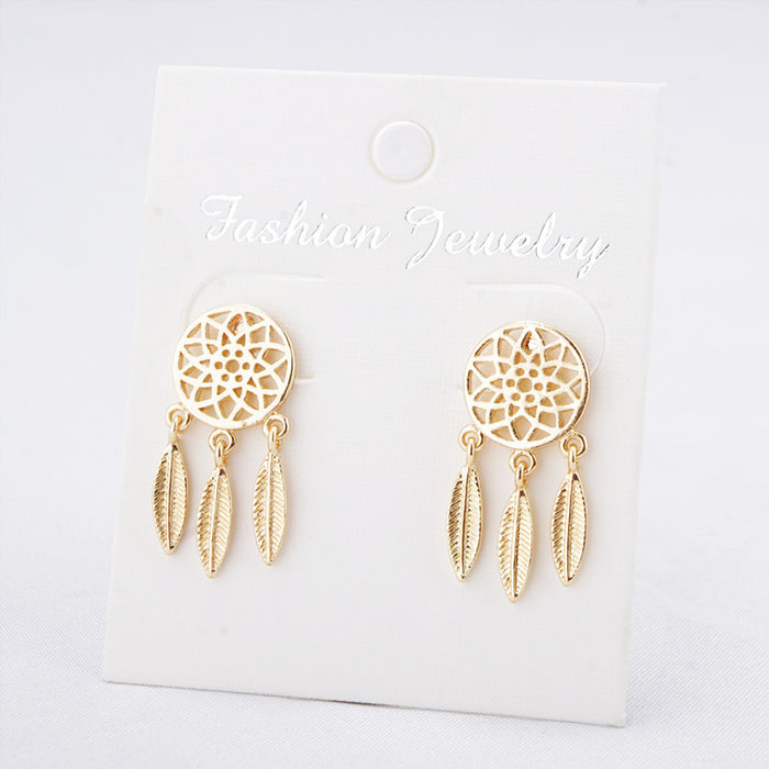 Gold and Silver Dreamcatcher Feather Drop Stud Earrings