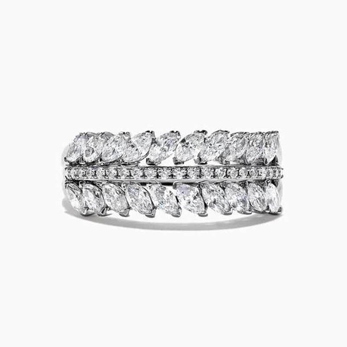 Silver Double Row Marquise Stone Band Ring In A Polished Decorative Design