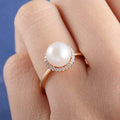 Rose Gold Pearl Halo Ring Round Center Clear CZ Border view 2