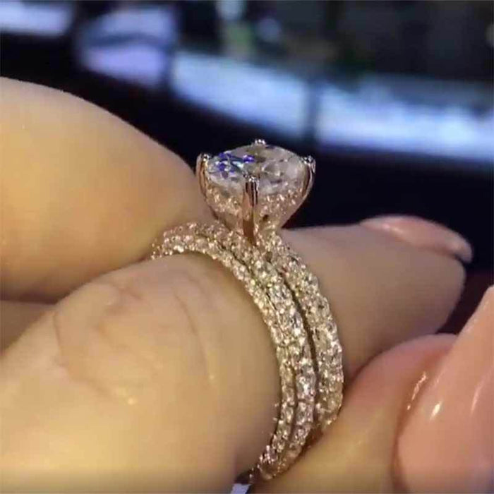 Oval Center Stone Three Row Ring Set With Clear Stone Accents