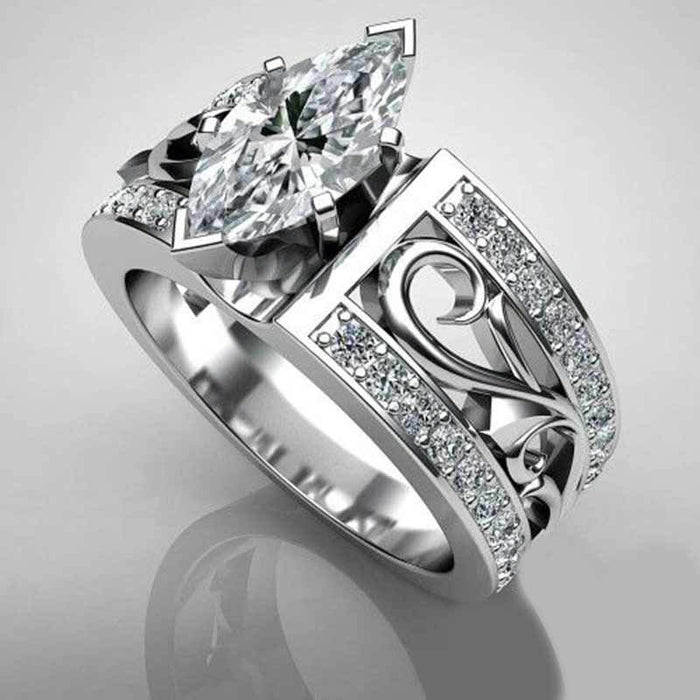 Silver Tone Marquise Crystal Openwork Wide Band Ring