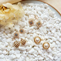 Gold Pearl Heart Square Round Stud Earrings Four Styles view 2