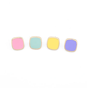 Gold Tone Rounded Square Pastel Stud Earrings in Four Colors