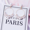 White Pearl Look Cluster Gold Tone Hoop Dangle Earrings view 1