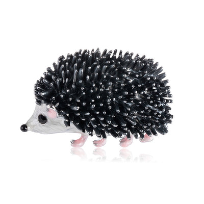 Front product view of the hedgehog brooch pin in black and silver