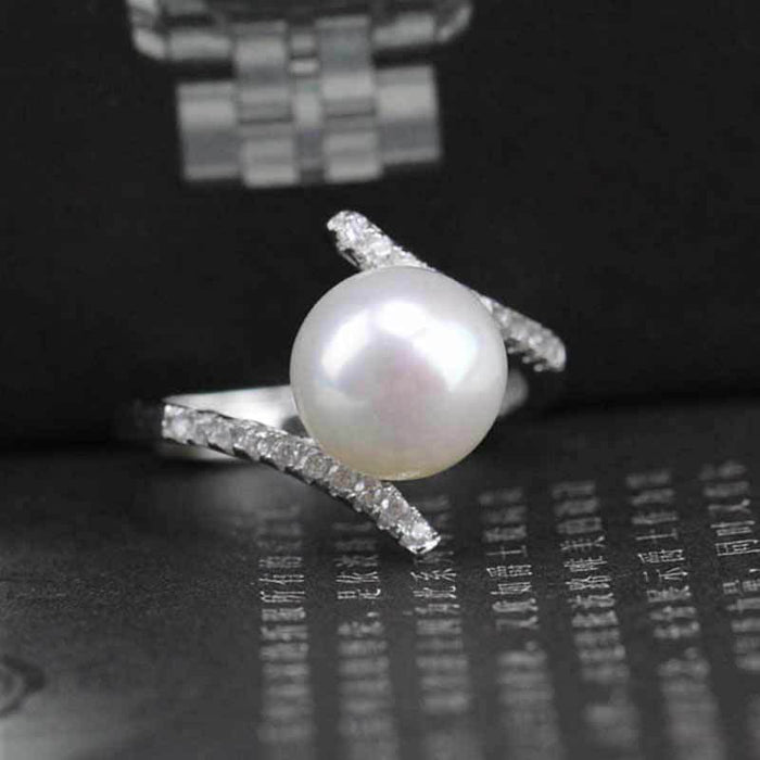 Silver Tone White Pearl Cross Band Crystal Ring Sizes 6-10