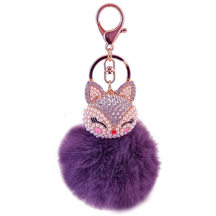Rhinestone Fox Head Keychain with Faux Rabbit Fur Pom Pom Bag Charm