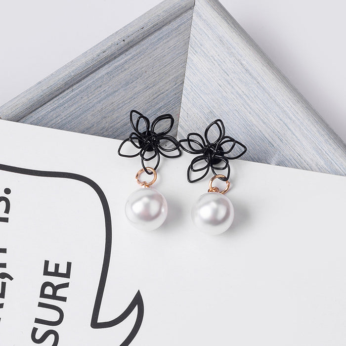 Black Outline Flower and White Pearl Look Drop Earrings