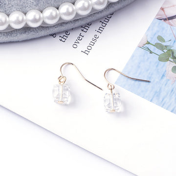 Tiny Clear Look Cube and Gold Tone Hook Drop Earrings