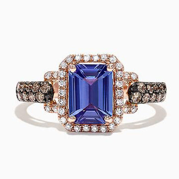 Blue Emerald Cut Crystal Halo Ring in Rose Gold Tone