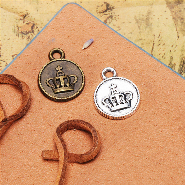 Alloy Crown Circle Charm Pendant, Single-Sided, 18x14mm
