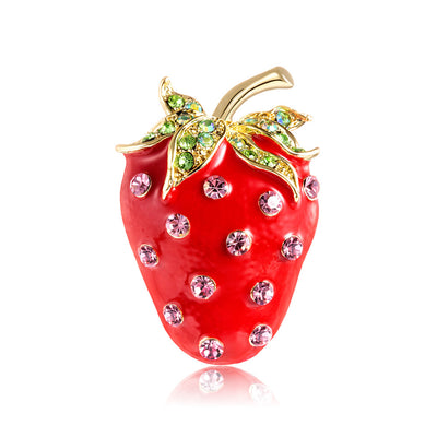 Front product view of the strawberry brooch pin in red and gold