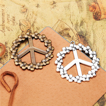 Floral Border Peace Sign Alloy Charm in 3 Metal Finishes