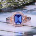 Blue Emerald Cut Crystal Halo Ring in Rose Gold Tone view 2