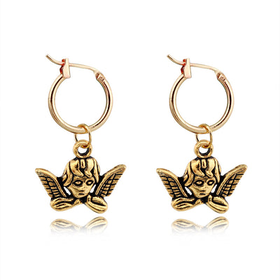 Main product view of gold Tone Antique Cherub Huggie Drop Earrings with Winged Faces