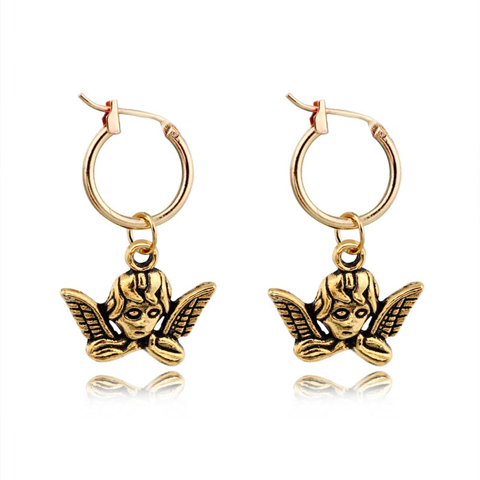 Gold Tone Antique Cherub Huggie Drop Earrings with Winged Faces