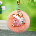 Jeweled Rabbit Plush Pom Pom Keychains in Four Pictured Colors view 3