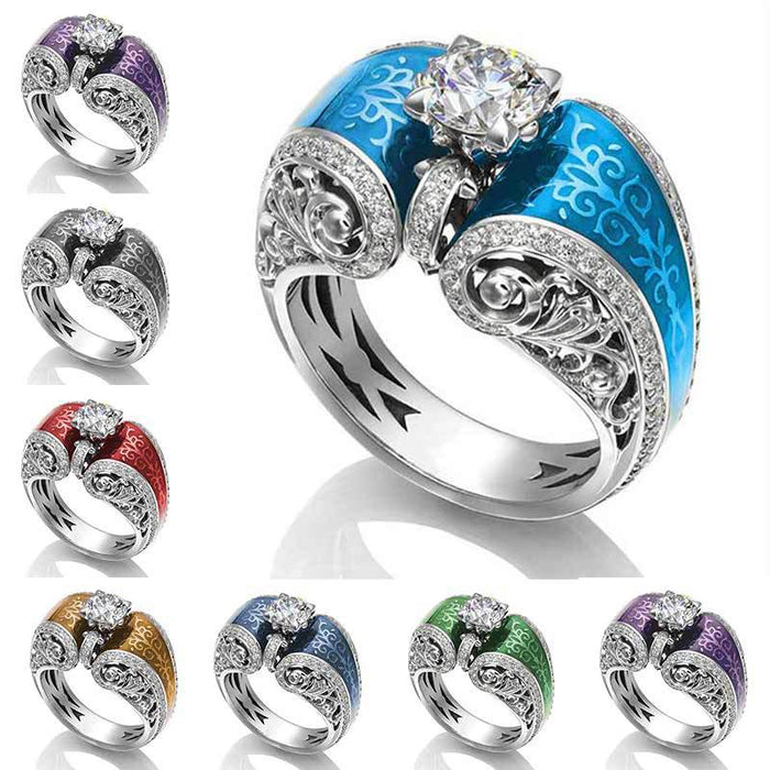 Enamel Scroll Open Ring With Crystal Solitaire in Six Colors