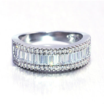 Baguette Crystal Three Row Band Ring in Silver Tone
