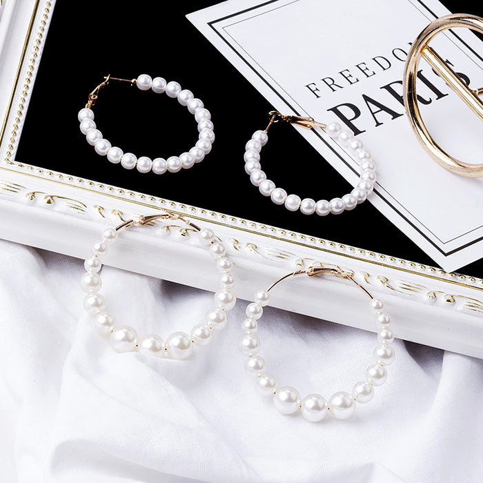 White Pearl Look Large Hoop Earrings in Two Bead Patterns