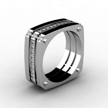 Silver Tone Rectangular Open Band Ring With Black Accents