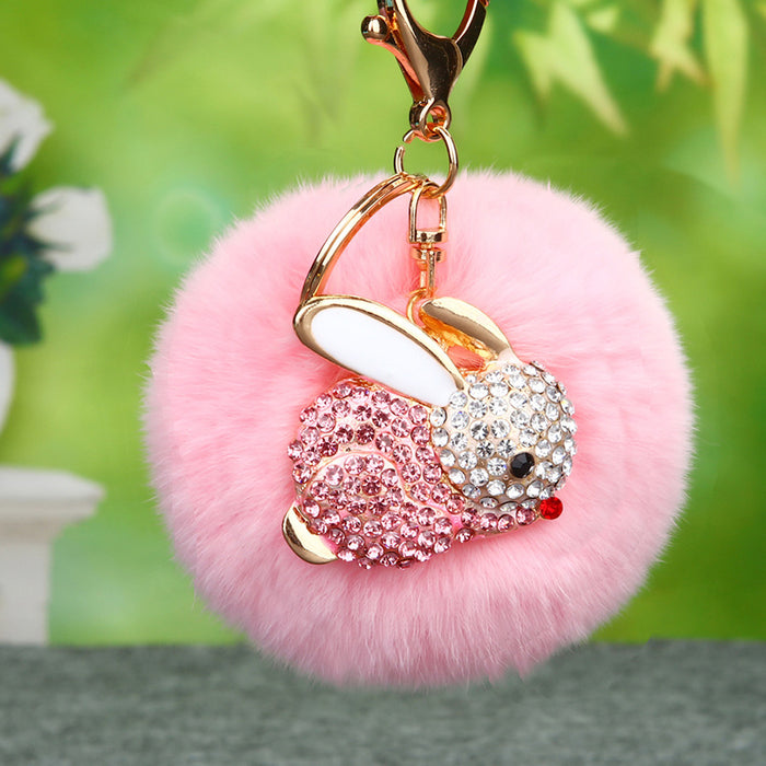 Jeweled Rabbit Plush Pom Pom Keychains in Four Pictured Colors