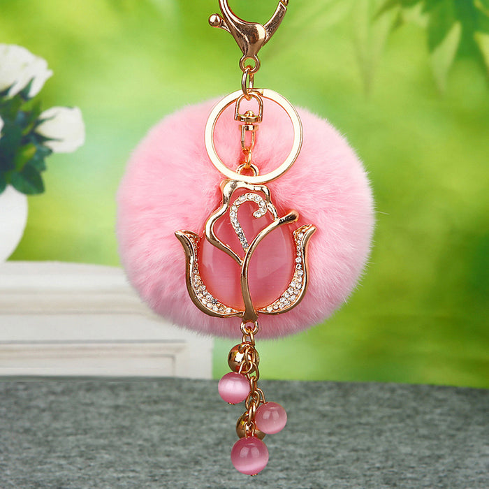 Jeweled Tulip Plush Pom Pom Keychains in Five Pictured Colors