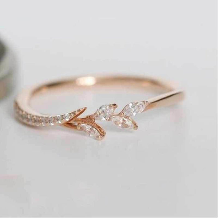 Rose Gold Tone Marquise Leaf Branch Crystal Ring Sizes 5-12