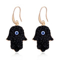Gold Tone Druzy Hamsa Long Hook Earrings in Black or White view 7