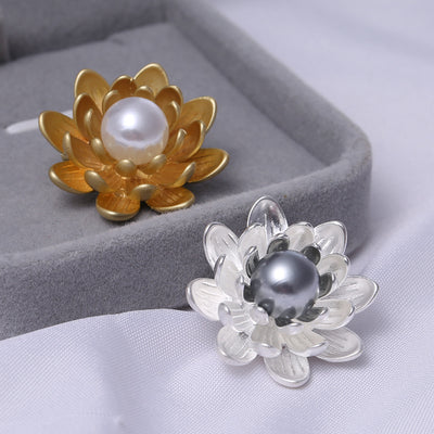 Front view of the matte layered metal flower brooch with pearl center brooch and its color options