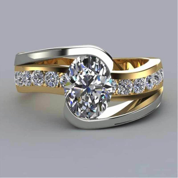 Two-Tone Oval Solitaire Ring With Clear Crystal Split Band