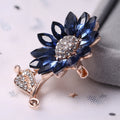 Navy Crystal Flower Brooch With Curved Leaf Stem in Two Finishes view 4